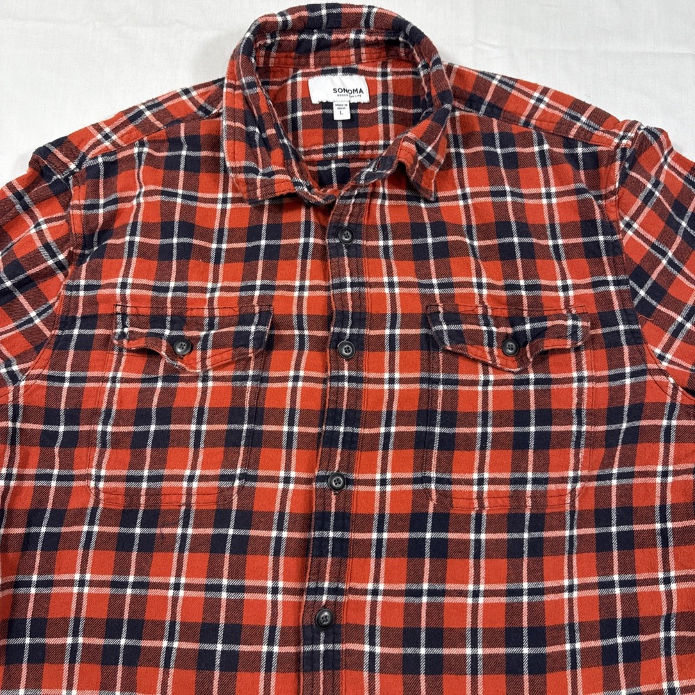 SHIRT FLANNEL Sonoma Mens Large RED BLUE  Plaid L/S Button FLAP POCKET